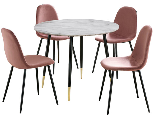 5-tlg. Essgruppe MAARIT Esstisch Ø100 cm,Marmor/rosa schwarz