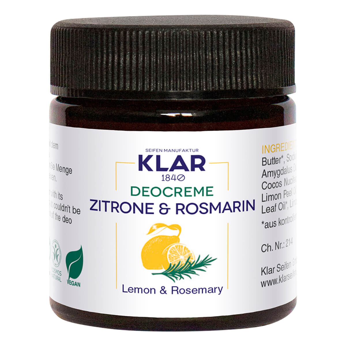 Klar Seifen Deodorant Creme, Citron og Rosmarin, 30 ml.