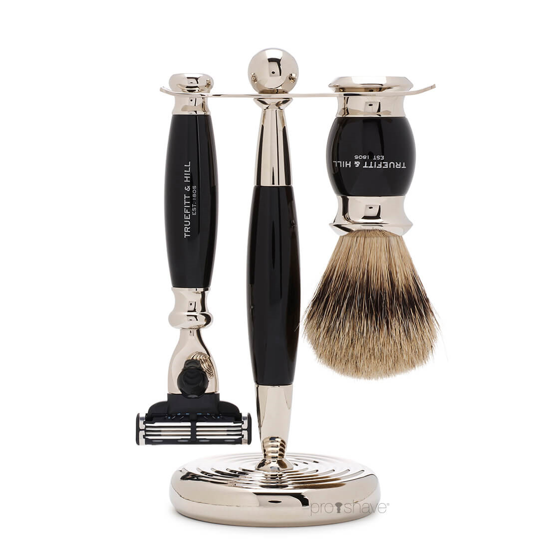 Se Truefitt & Hill Barbersæt med Mach3 Skraber, Grævlingebørste og holder, Edwardian, Faux Ebony hos Proshave