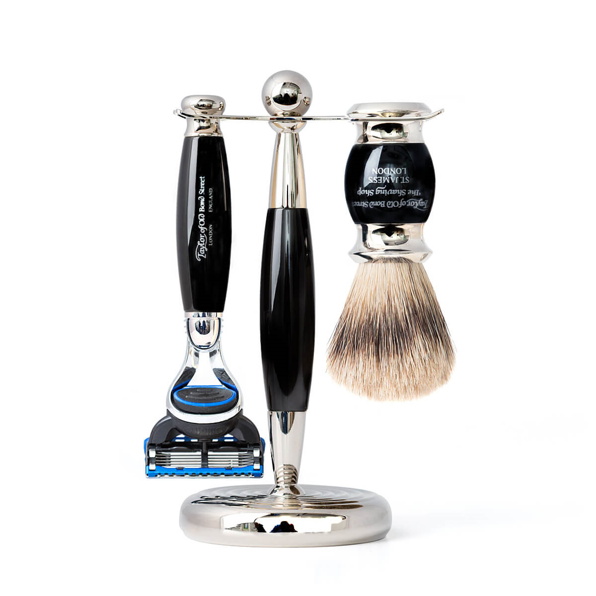 Se Taylor Of Old Bond Street Barbersæt med Fusion Skraber, Super Badger Barberkost og holder, sort hos Proshave