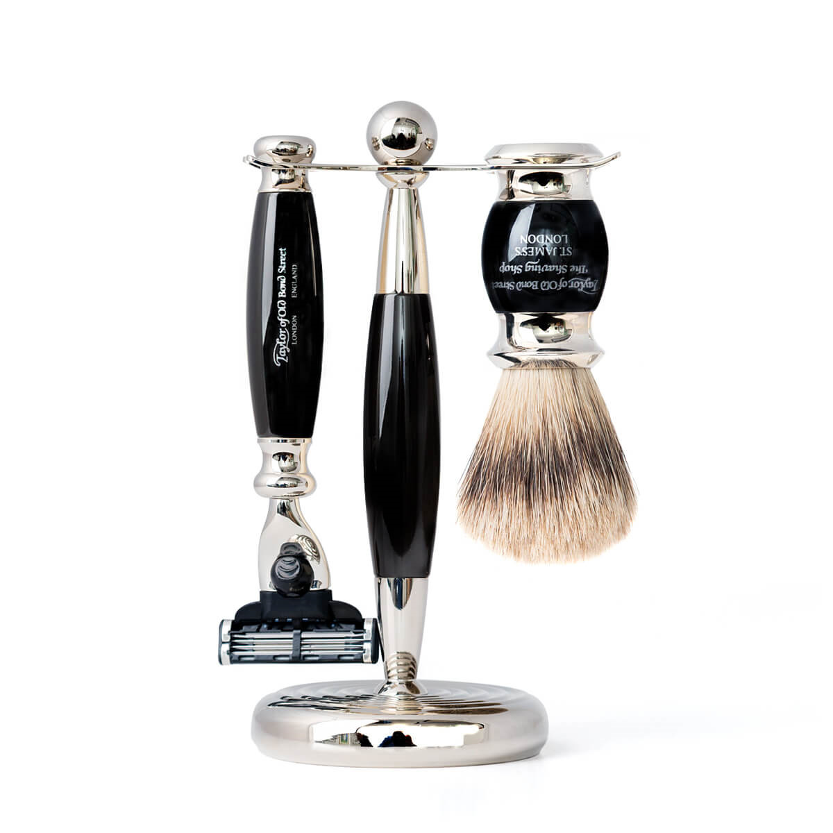 Taylor Of Old Bond Street Barbersæt med Mach3 Skraber, Super Badger Barberkost og holder, Sort Kunstharpiks