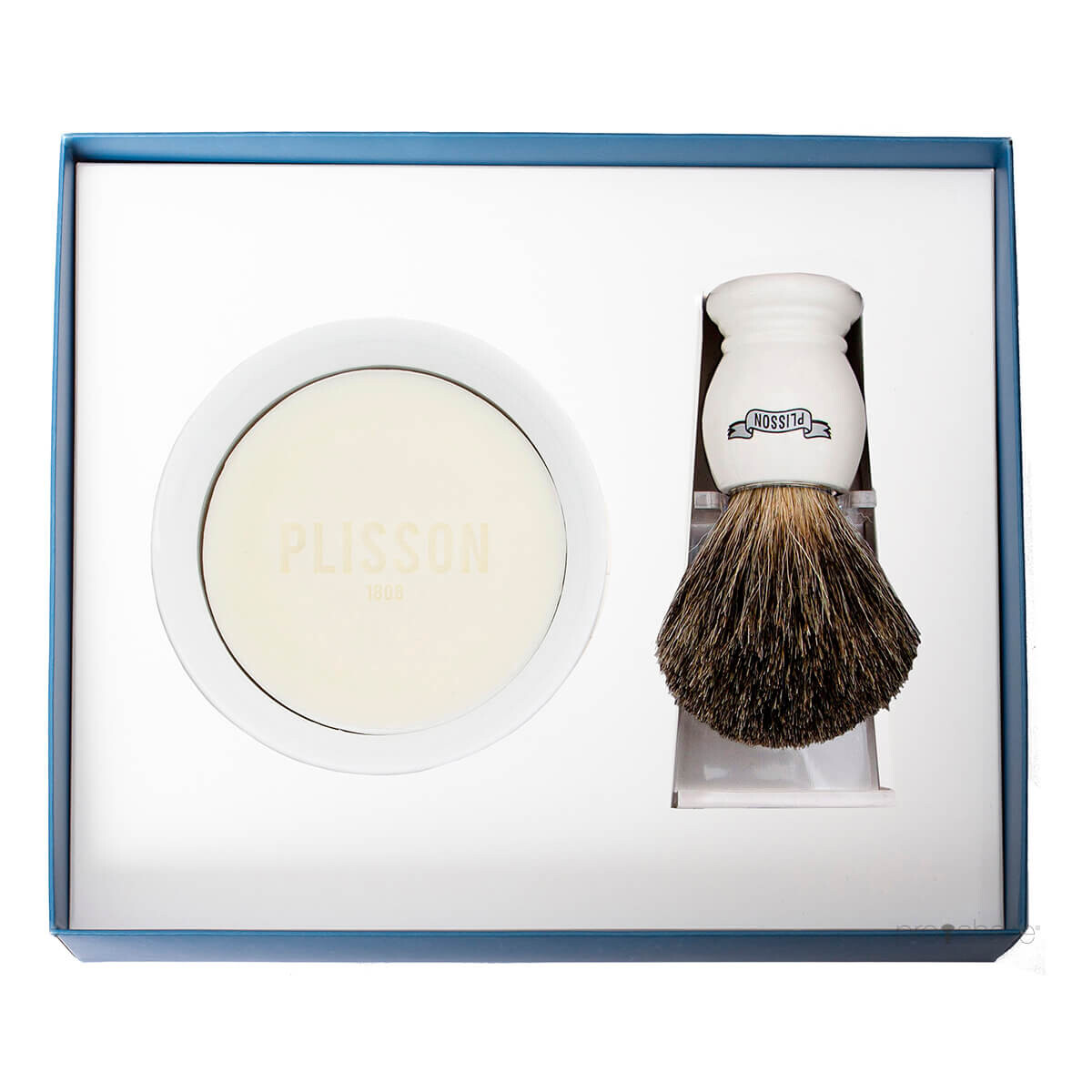 Plisson Startsæt med Russian Grey Badger Barberkost, Holder og Porcelænsskål med Barbersæbe, Hvid