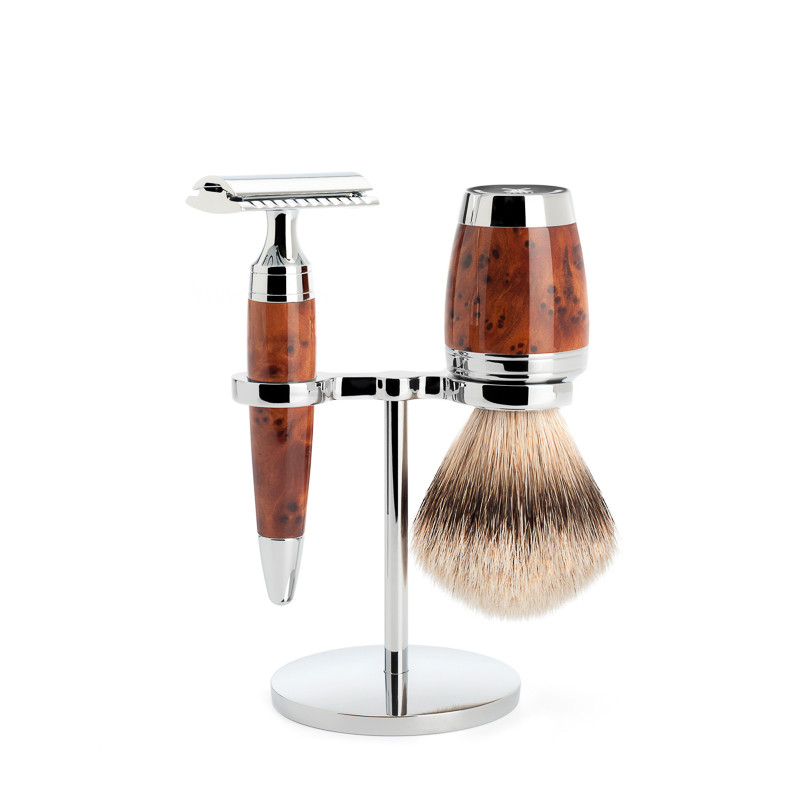 Mühle Barbersæt med DE-skraber, Silvertip Barberkost og Holder, Stylo, Thuja Wood