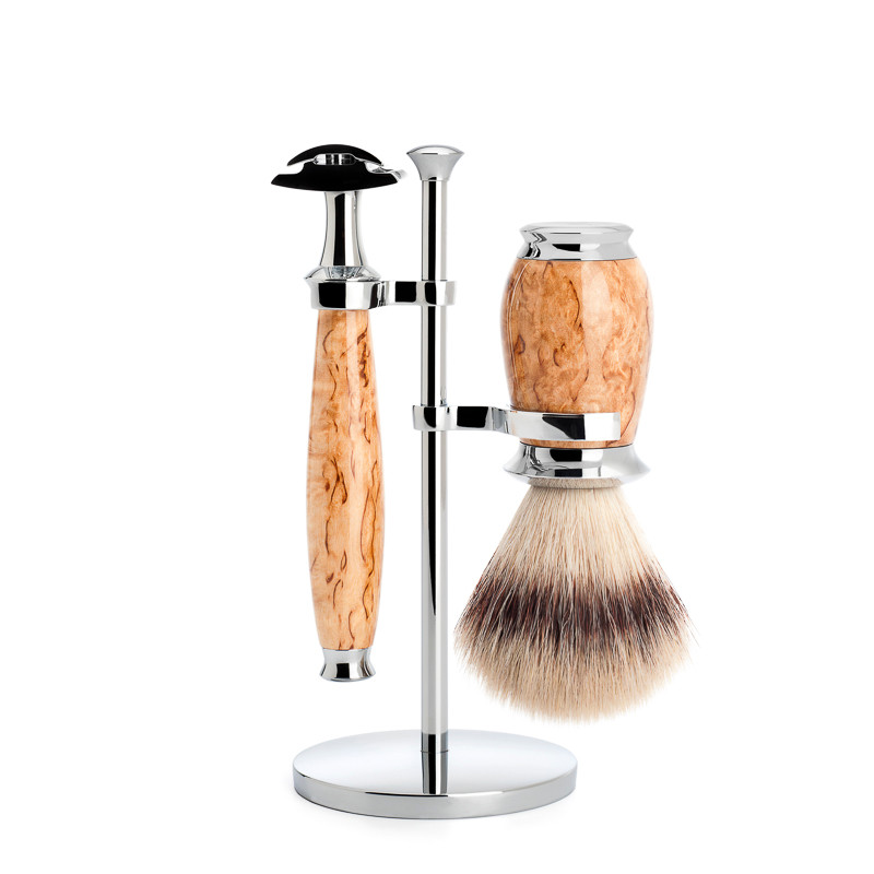 Mühle Barbersæt med DE-skraber, Barberkost og holder, Purist, Karelian burl birk