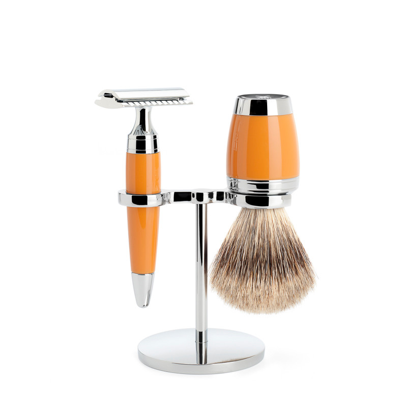 Se Mühle Barbersæt med DE-skraber, Barberkost og holder, Stylo, Butterscotch hos Proshave