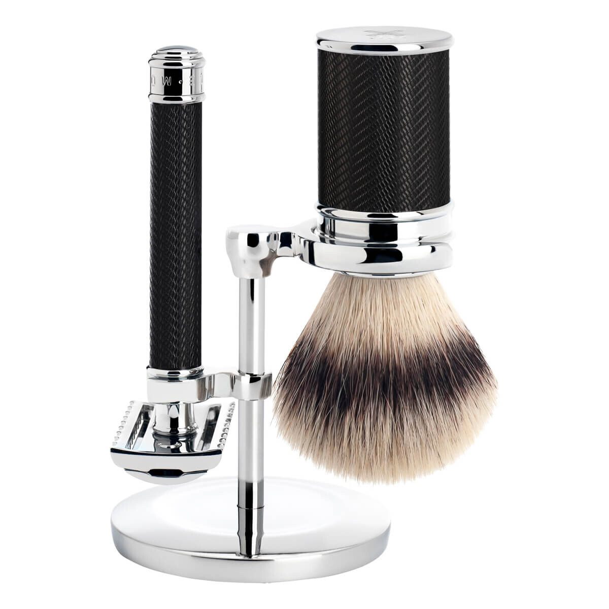 Mühle Barbersæt med DE-skraber (åben kam), Silvertip Fibre® Barberkost og Holder, Traditional, Black