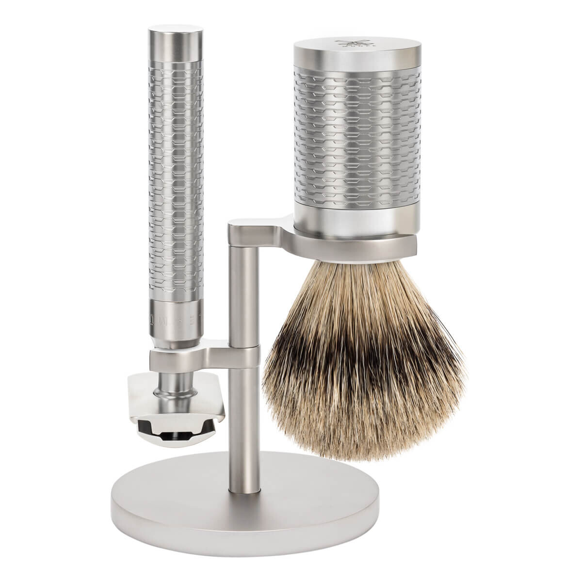 Mühle Barbersæt med DE-skraber, Barberkost og Holder, Rocca, Rustfrit stål – Mat finish