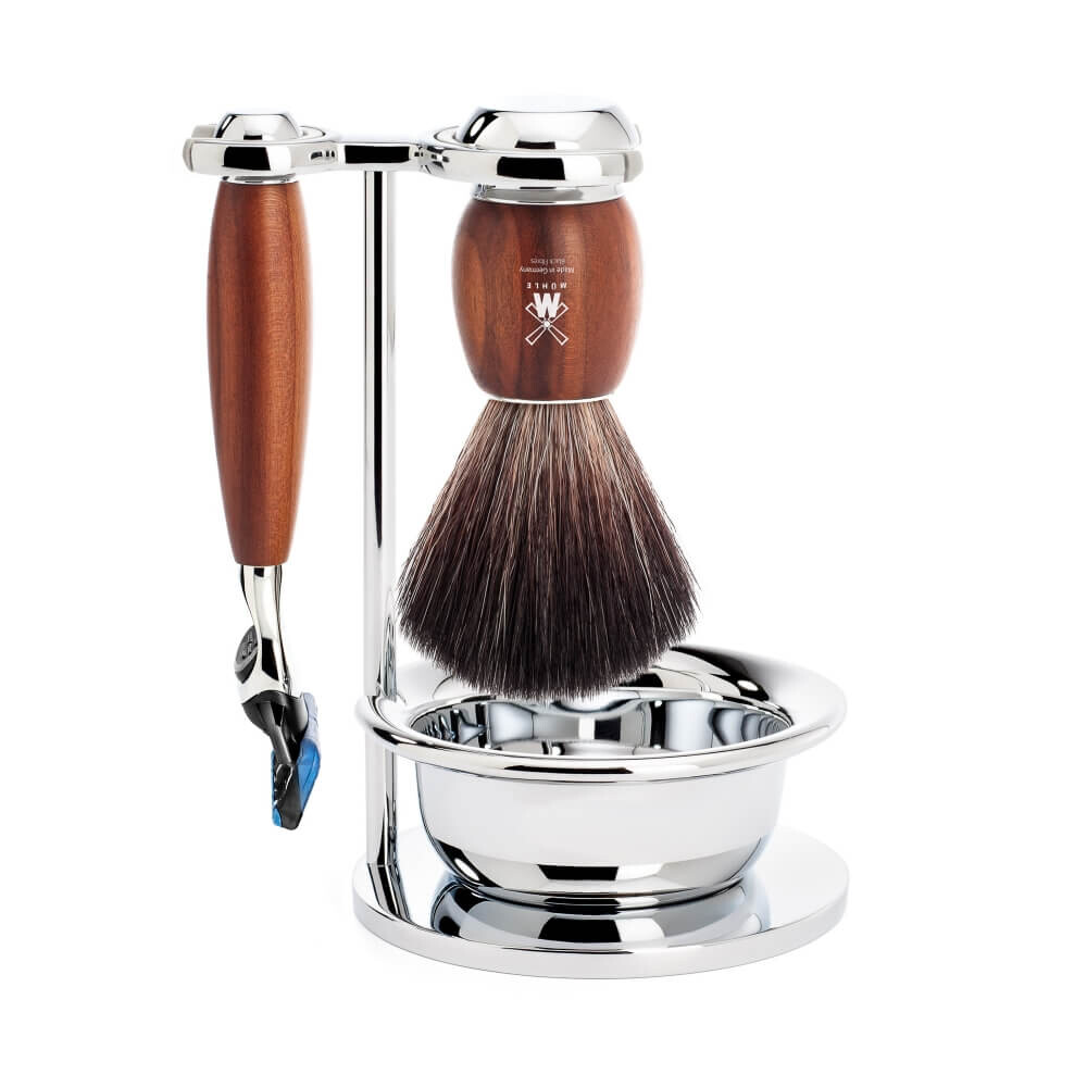 Mühle Barbersæt med Fusion Skraber, Black Fibre Barberkost, Holder og Skål, Vivo, Blommetræ