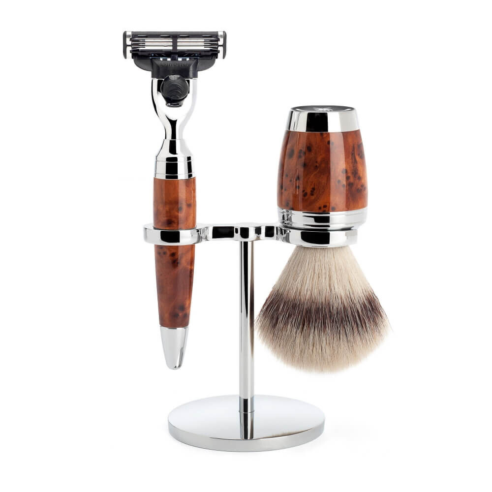 Mühle Barbersæt med Mach3 Skraber, Silvertip FibreÂ® Barberkost og Holder, Stylo, Thuja Wood