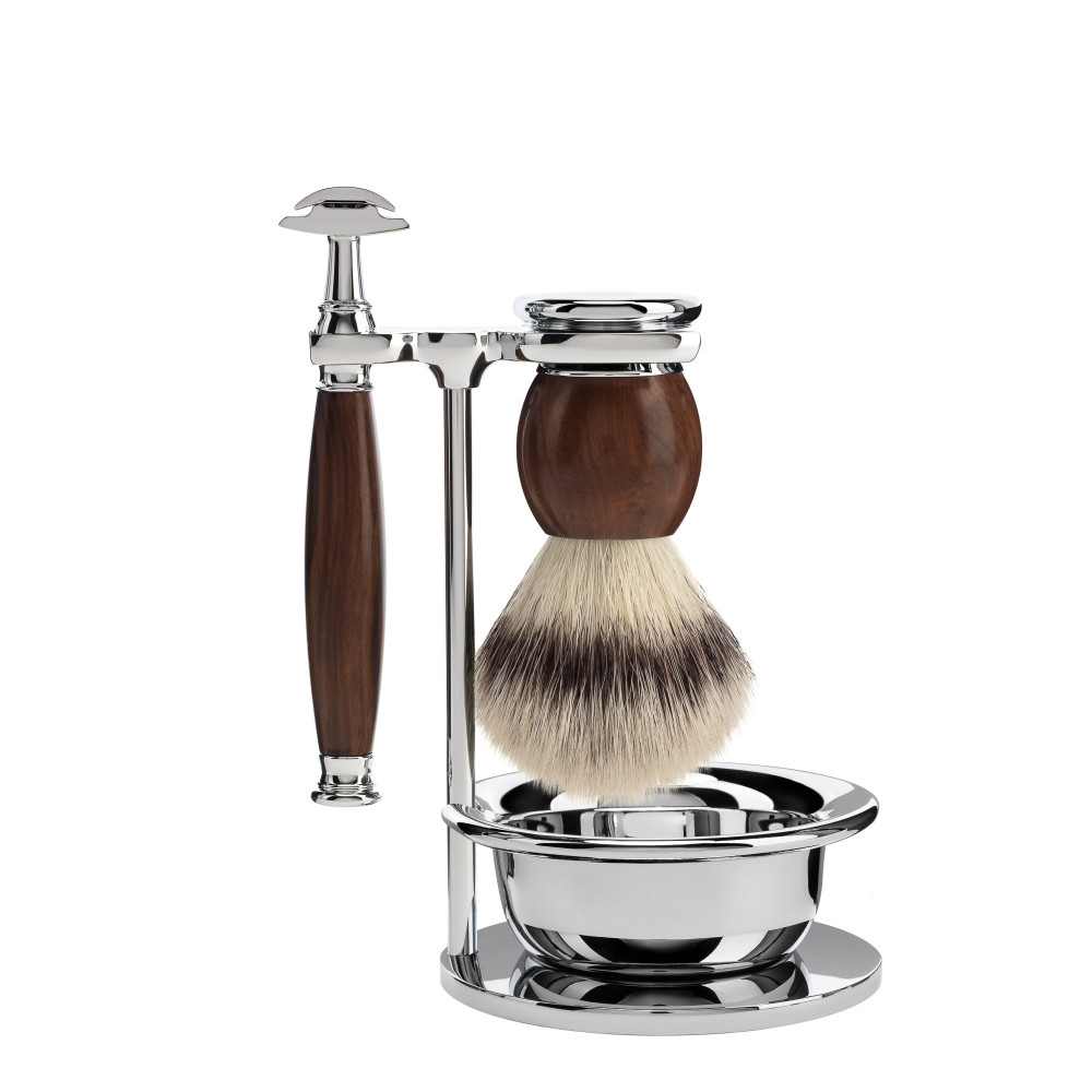 Mühle Barbersæt med DE-skraber, Fibre Barberkost, Holder og Skål, Sophist, Ironwood