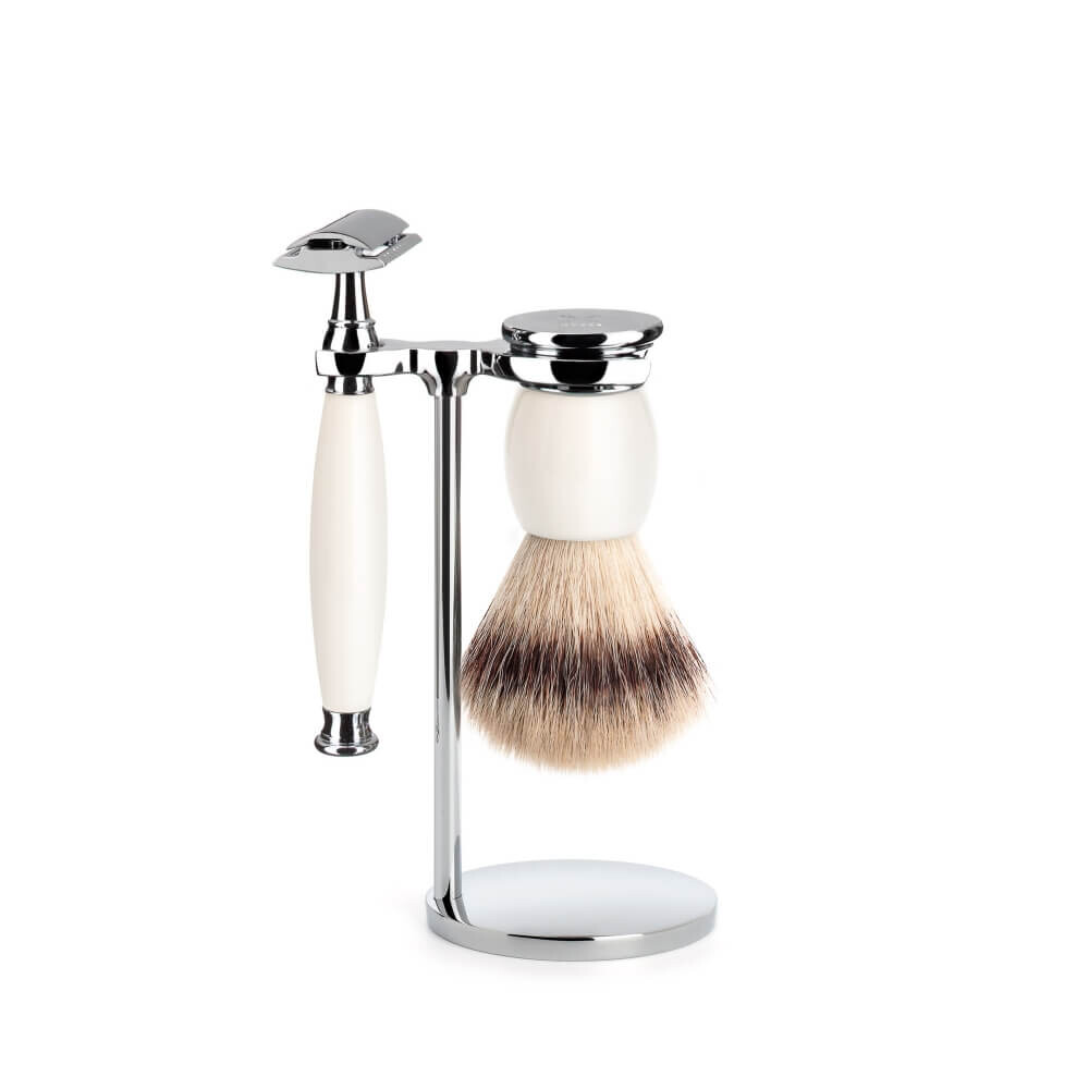 Mühle Barbersæt med DE-skraber, Silvertip Fibre® Barberkost og Holder, Sophist, Porcelæn