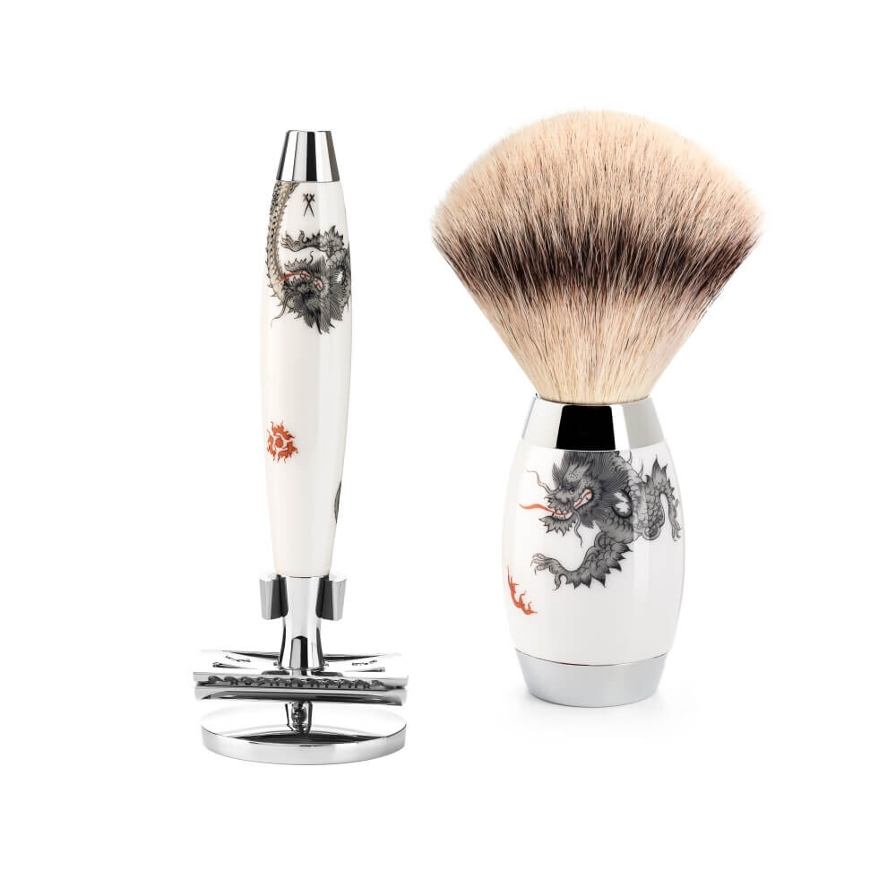 Mühle x Meissen Porcelain Barbersæt med DE-Skraber, Silvertip FibreÂ® Barberkost og Holder til skraber, Porcelæn