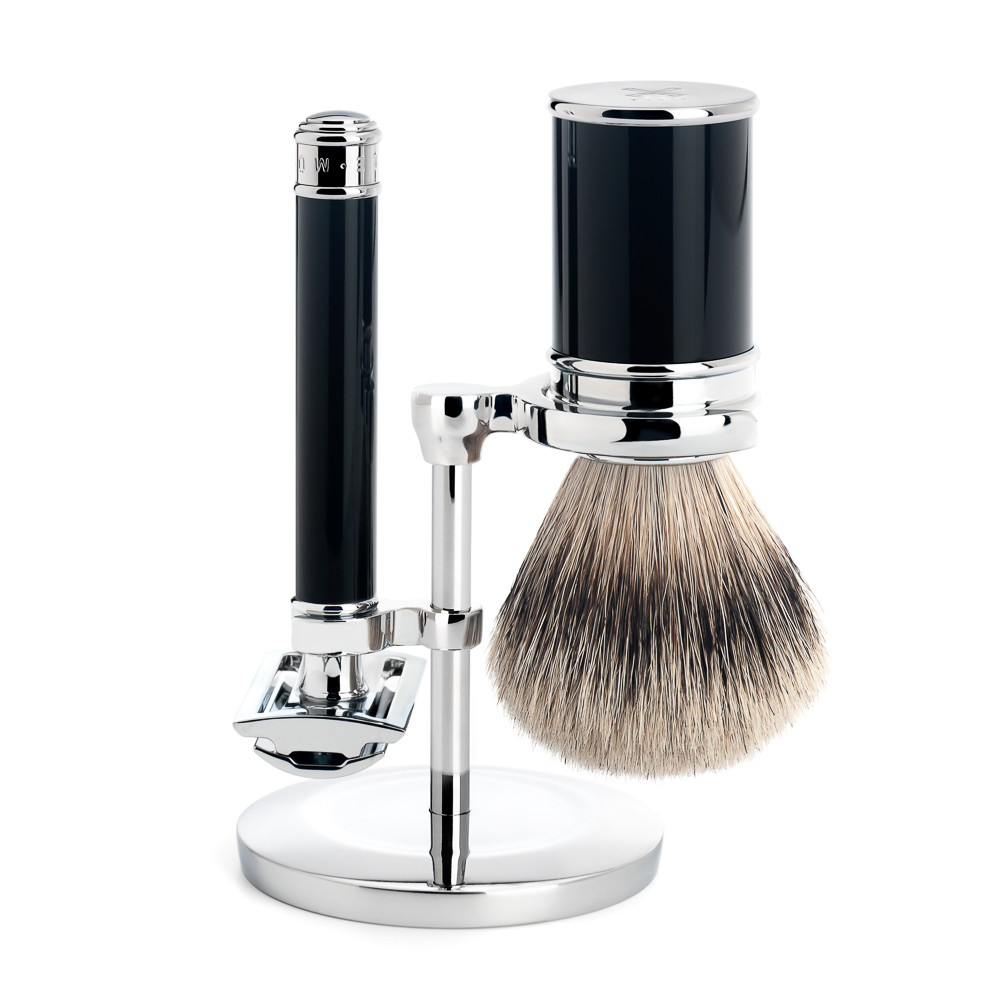 Mühle Barbersæt med DE-skraber, Silvertip Barberkost og holder, Traditional, Sort Kunstharpiks
