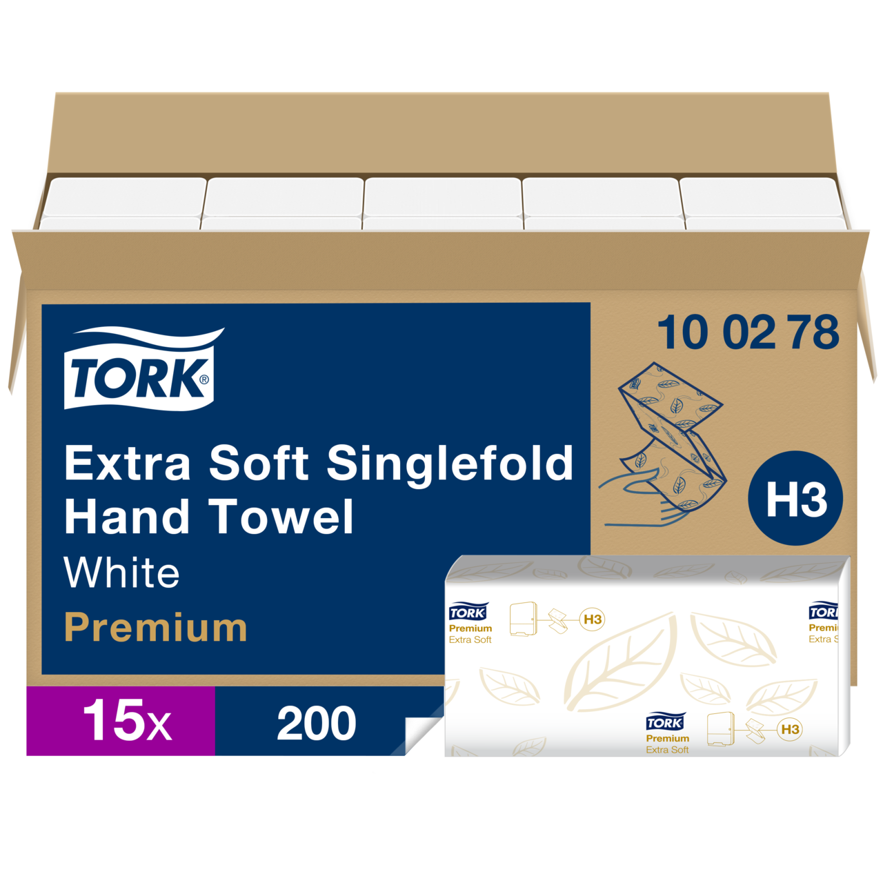 Håndklædeark Tork 100278 Premium H3 zig-zag 2-lags 23x23x11,50 cm - 200 ark pr pakke - 15 pakker