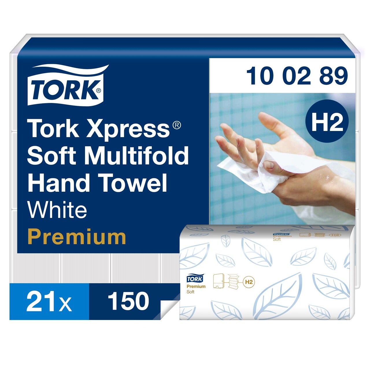 Håndklædeark - Tork 100289 Premium H2 Express - 2-lags - Hvid - 150 ark pr. pakke - 21 pakker