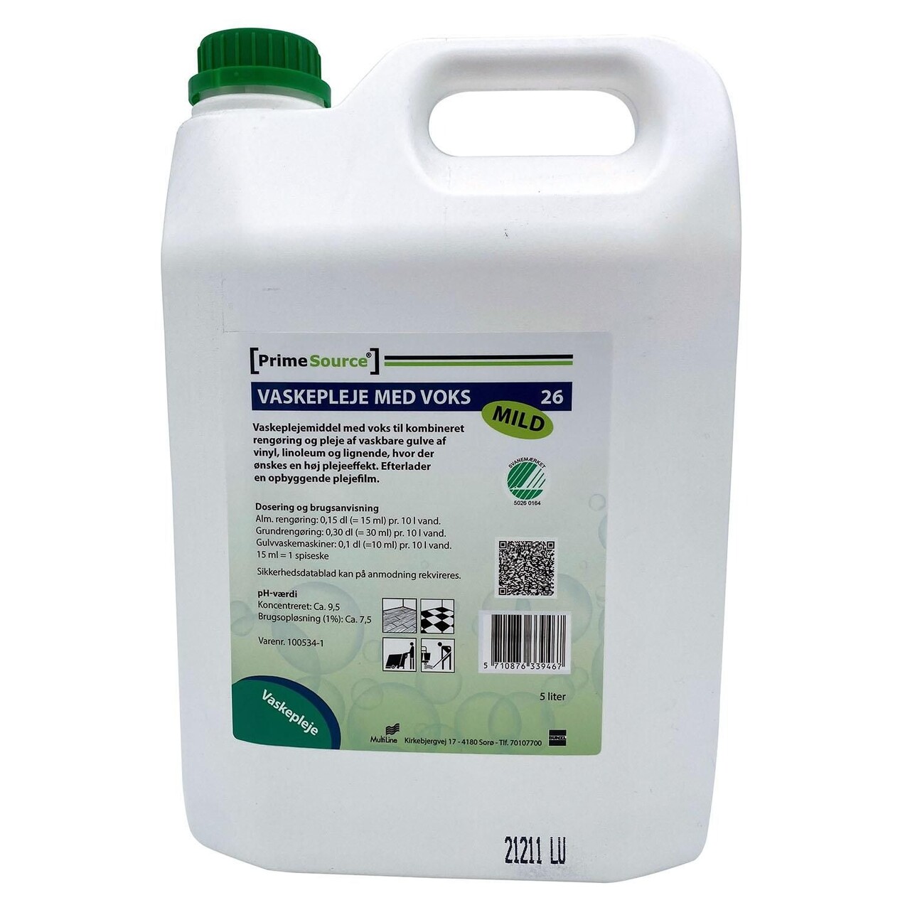 Vaskepleje Prime Source Mild 26 5ltr Svanemærket med Voks uden Farve/Parfume - 3 dnk x 5 ltr/krt