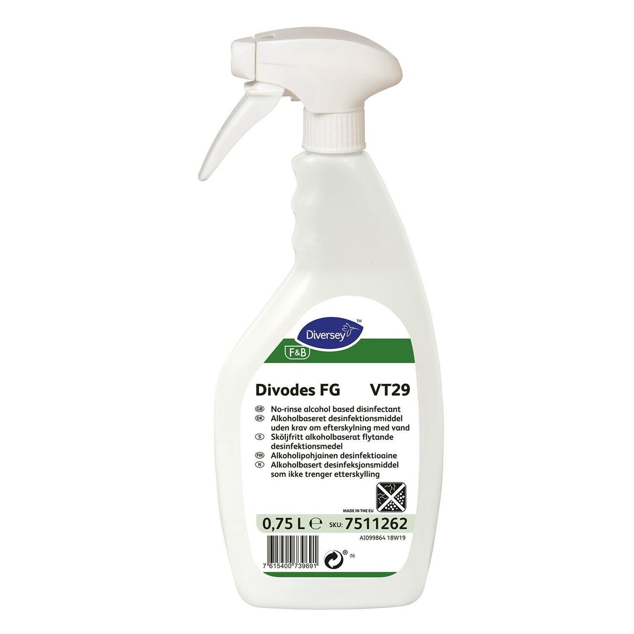 Desinfektion Divodes FG VT29 klar-til-brug med alkohol Fødevaregodkendt 750 ml - 6 fl x 750 ml/krt