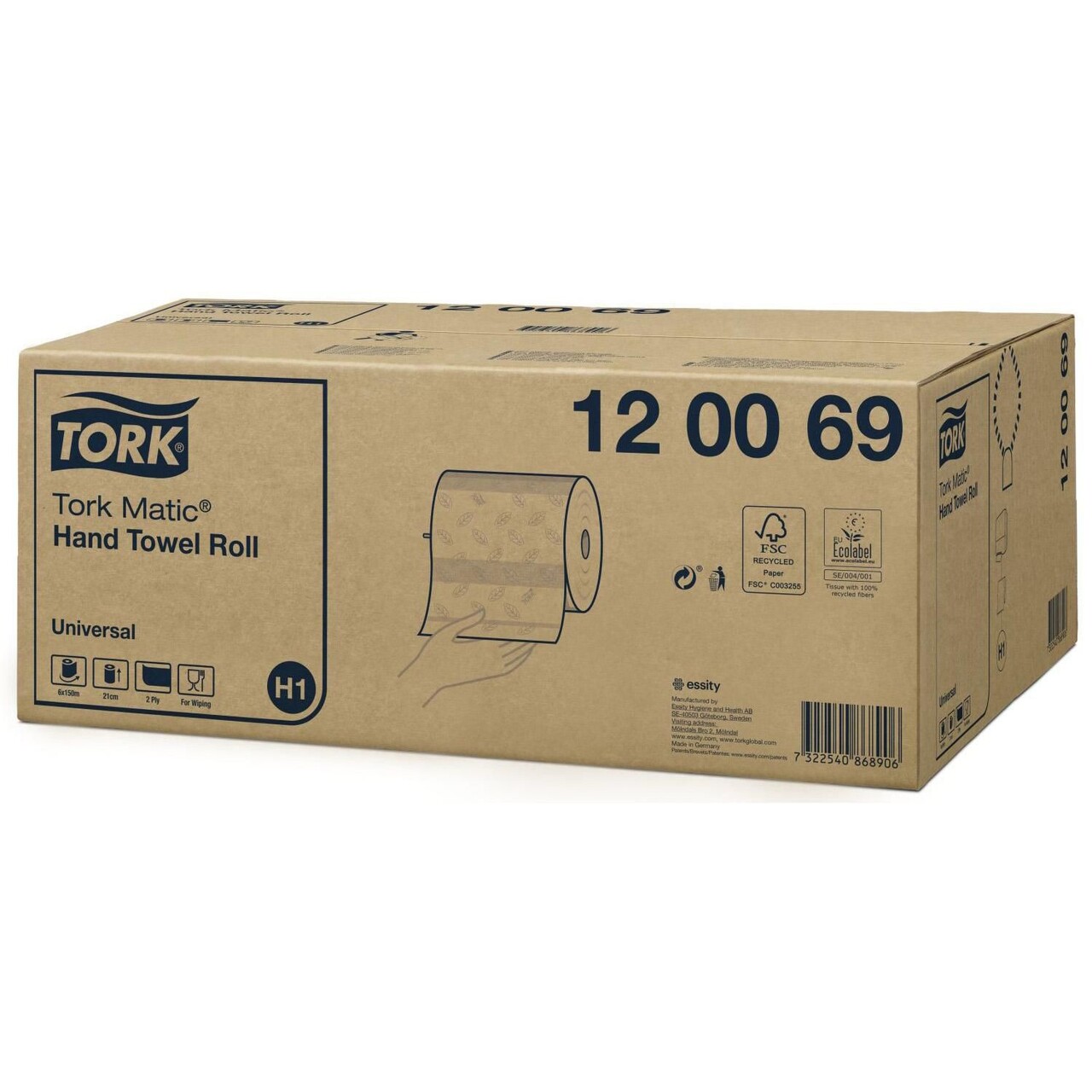 Håndklæderulle Tork 120069 Matic Universal H1 System 2-lag Ø19xB21cmxL150m M/Hylse Hvid - 6 rl/krt