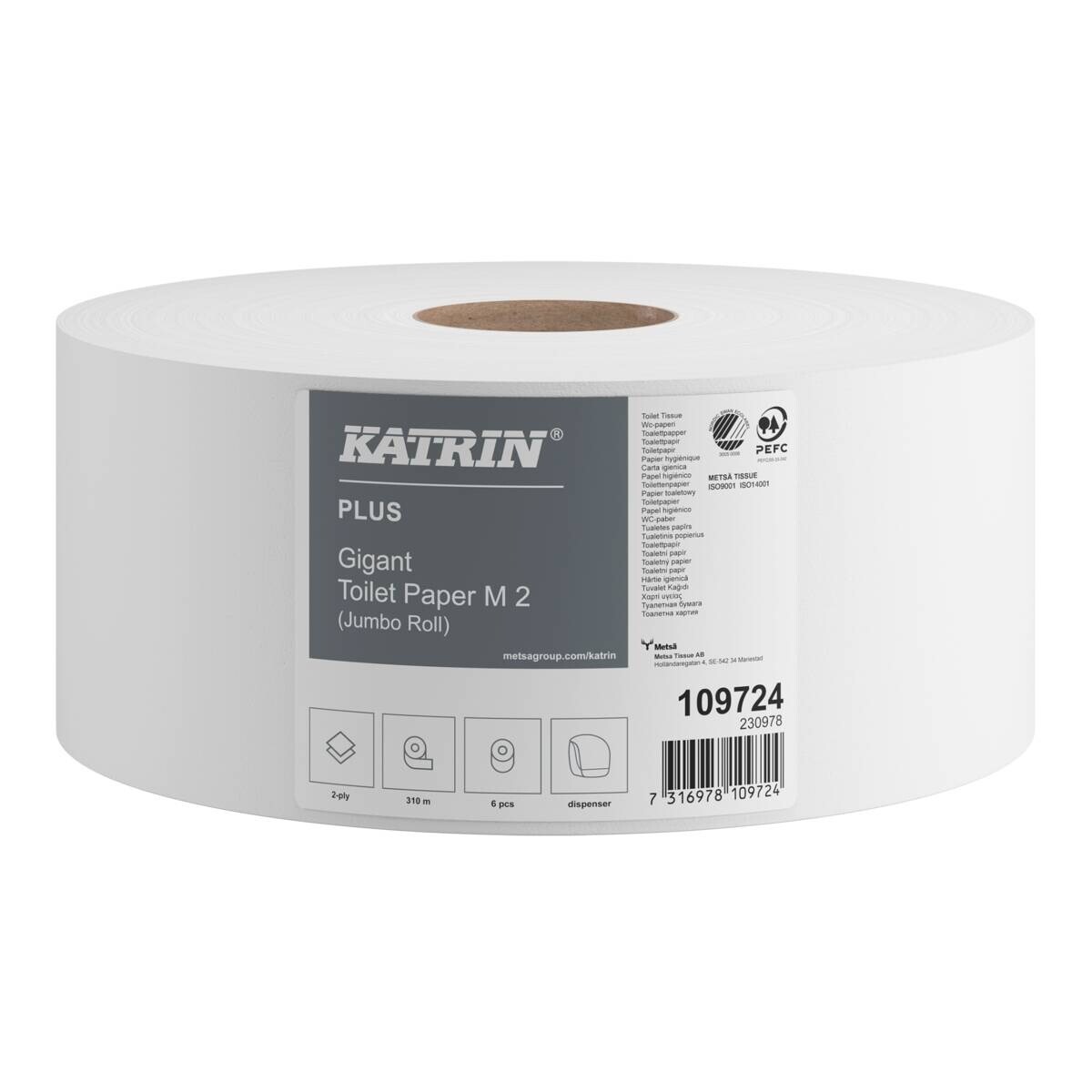 Jumborulle, Katrin 109724 Plus, 2-lags, hylse, 60mm, midi, 310m, hvid - 6 stk