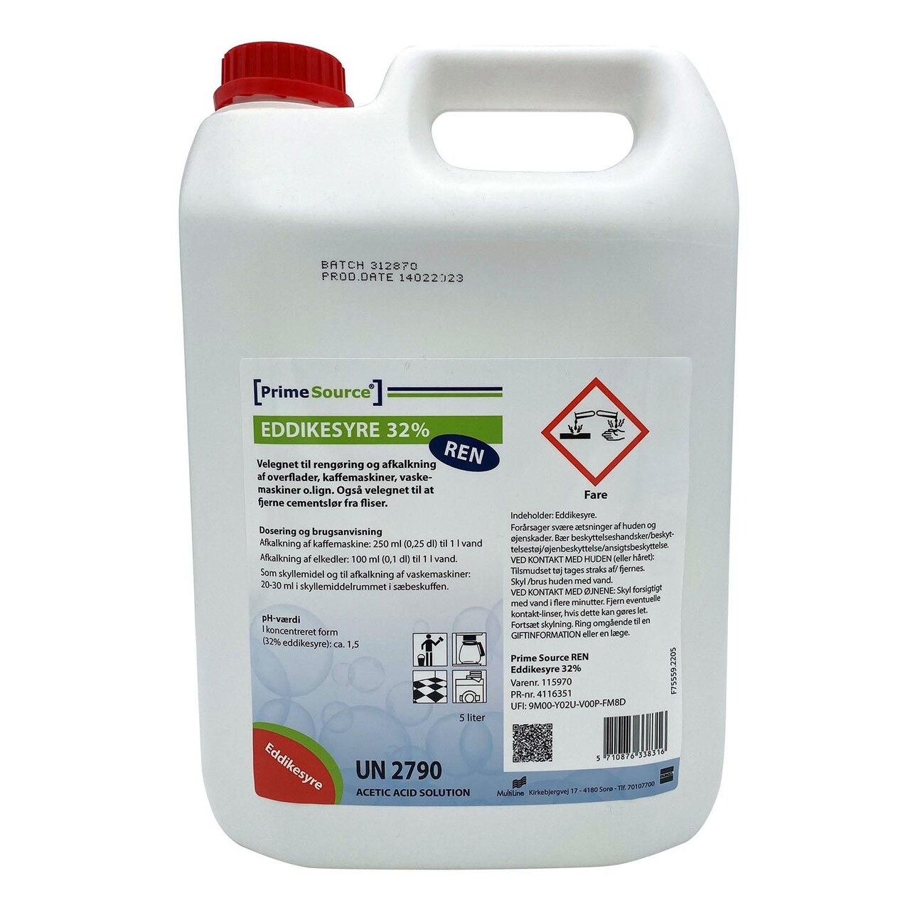 Eddikesyre 32% Prime Source REN til afkalkning 5 ltr - 3 dnk x 5 ltr/krt