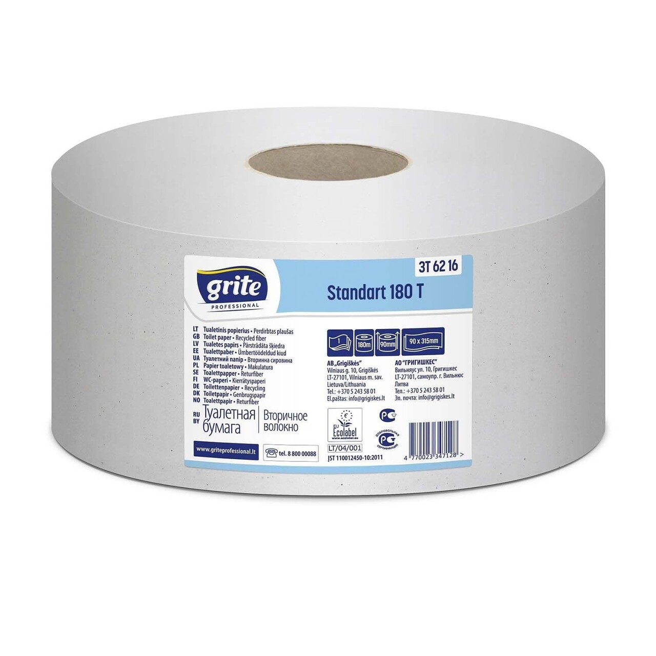 Toiletpapir Grite Jumbo Mini 2-lag Ø19cm L180mxB9cm Genbrugsfiber Hvid - 12 rl/krt