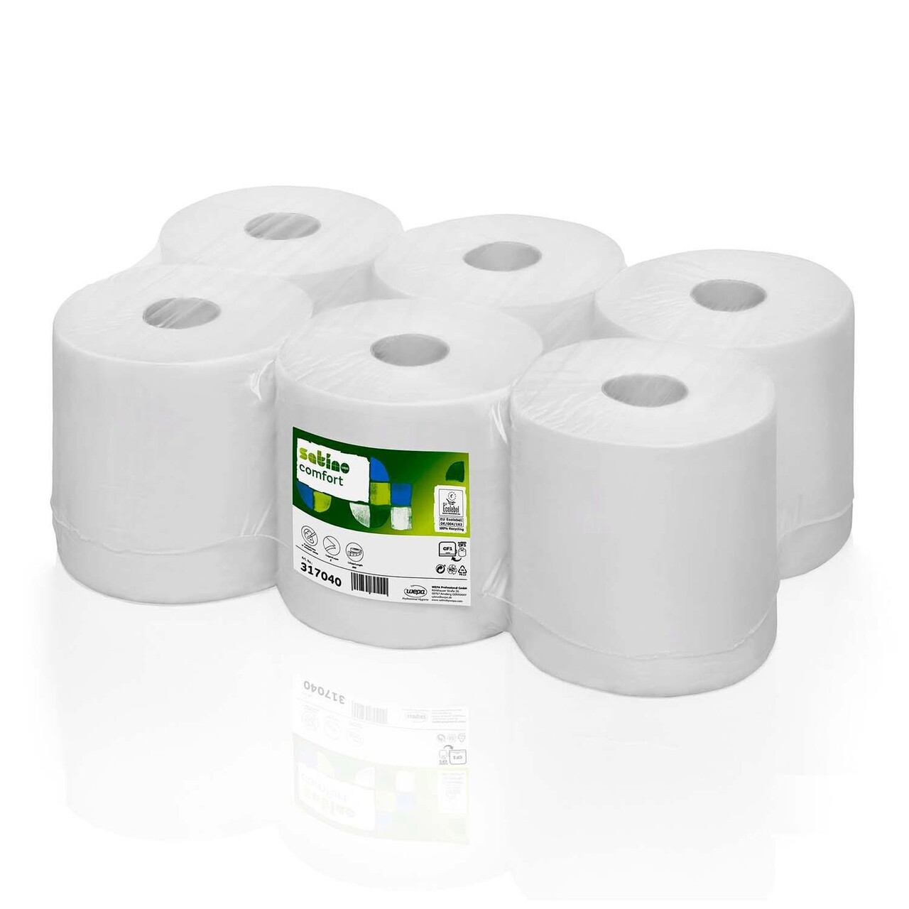 Håndklæderulle Satino Comfort 1-lag Ø20xB20cmxL300m Perfo. Genbrug M/Hylse Hvid - 6 rl/krt