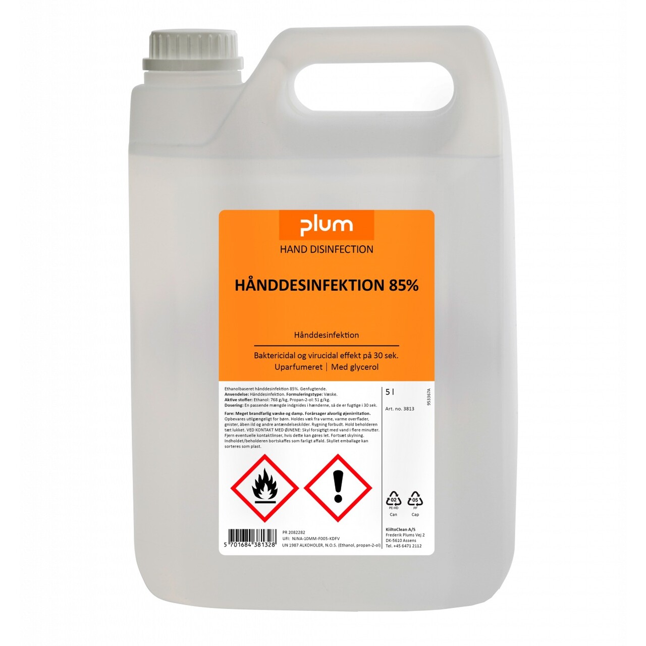 Hånddesinfektion flydende Plum 85% ethanol med glycerin 5 ltr - 3 dnk x 5 ltr/krt
