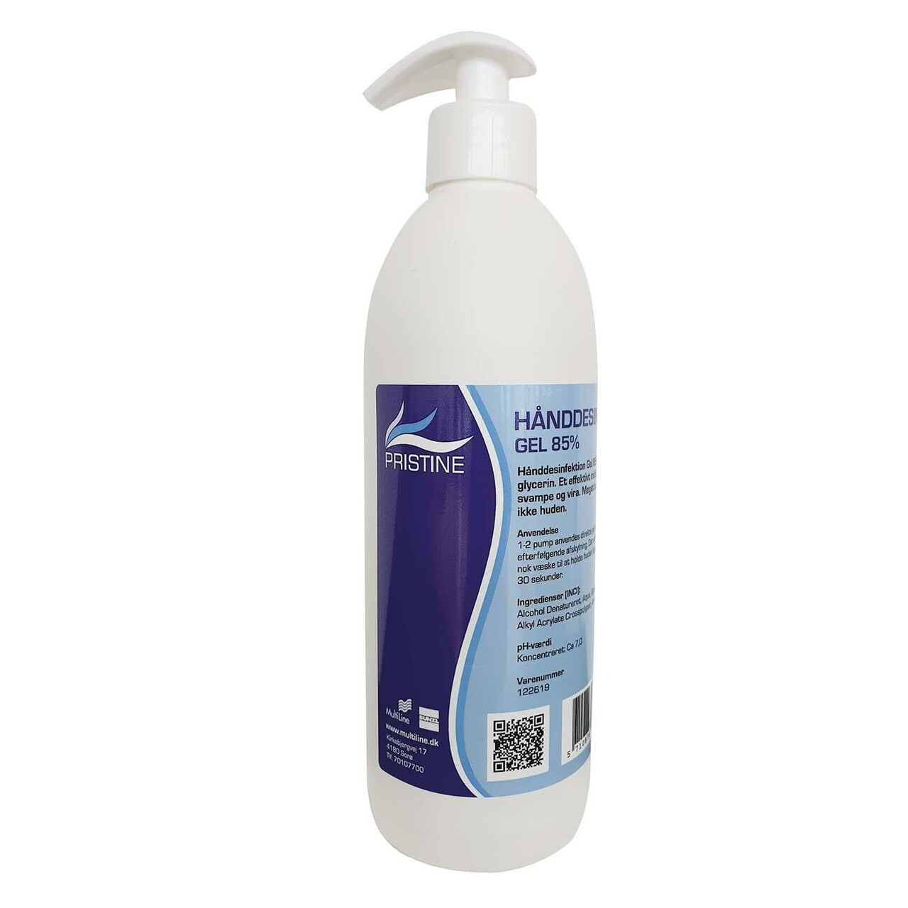 Hånddesinfektion gel Pristine 85% ethanol med glycerin med pumpe 500 ml - 12 fl x 500 ml/krt