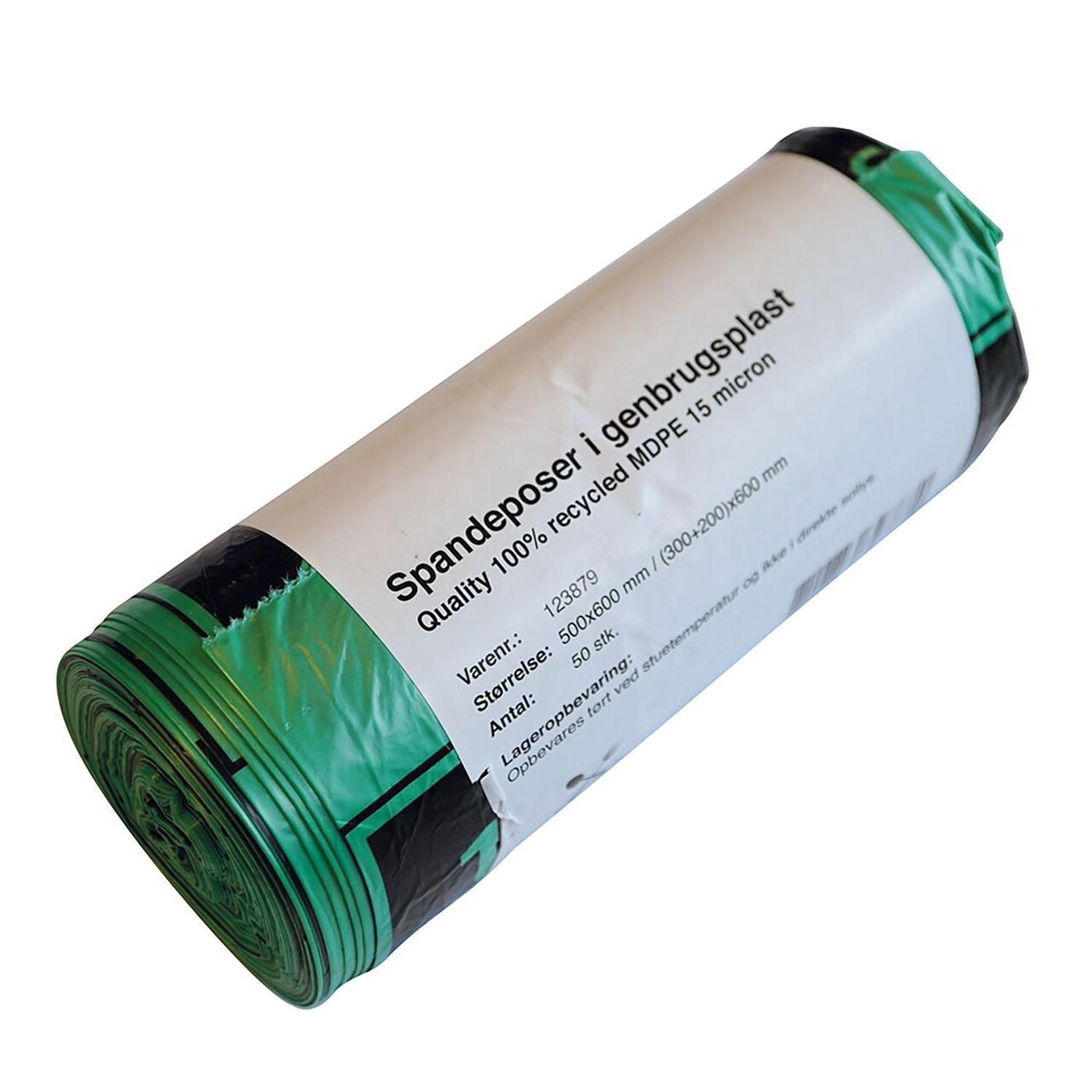 Spandepose Catersource 30ltr B500xL600mm 15my MDPE med Fals Grøn 100% genbrug - 15 rl x 50 stk/krt