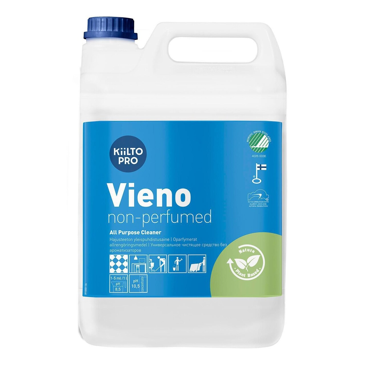 Universalrengøring Kiilto Vieno 5ltr Svanemærket Allergimærket uden Parfume - 3 dnk x 5 ltr/krt