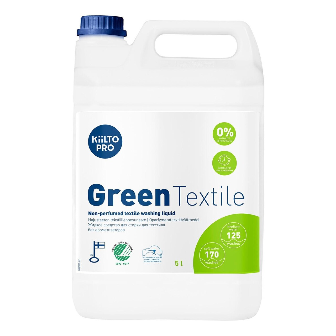 Tøjvask Flydende Kiilto Pro Green Textile 5ltr Svanemærket u. Parfume til alle - 3 dnk x 5 ltr/krt