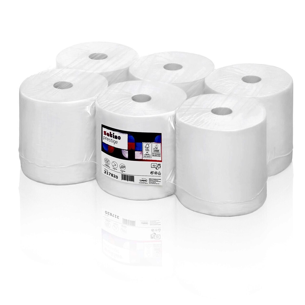 Håndklæderulle Satino Prestige 2-lag Ø19x20.5cmxL150m Uperforeret Nyfiber Hvid - 6 rl/krt