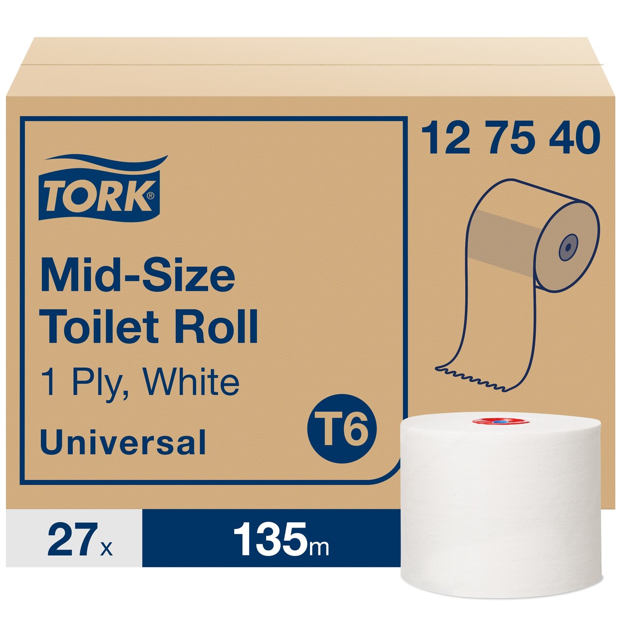 Toiletruller Tork 127540 Mid-Size T6 1-lags 135 meter - 27 ruller - 30 stk
