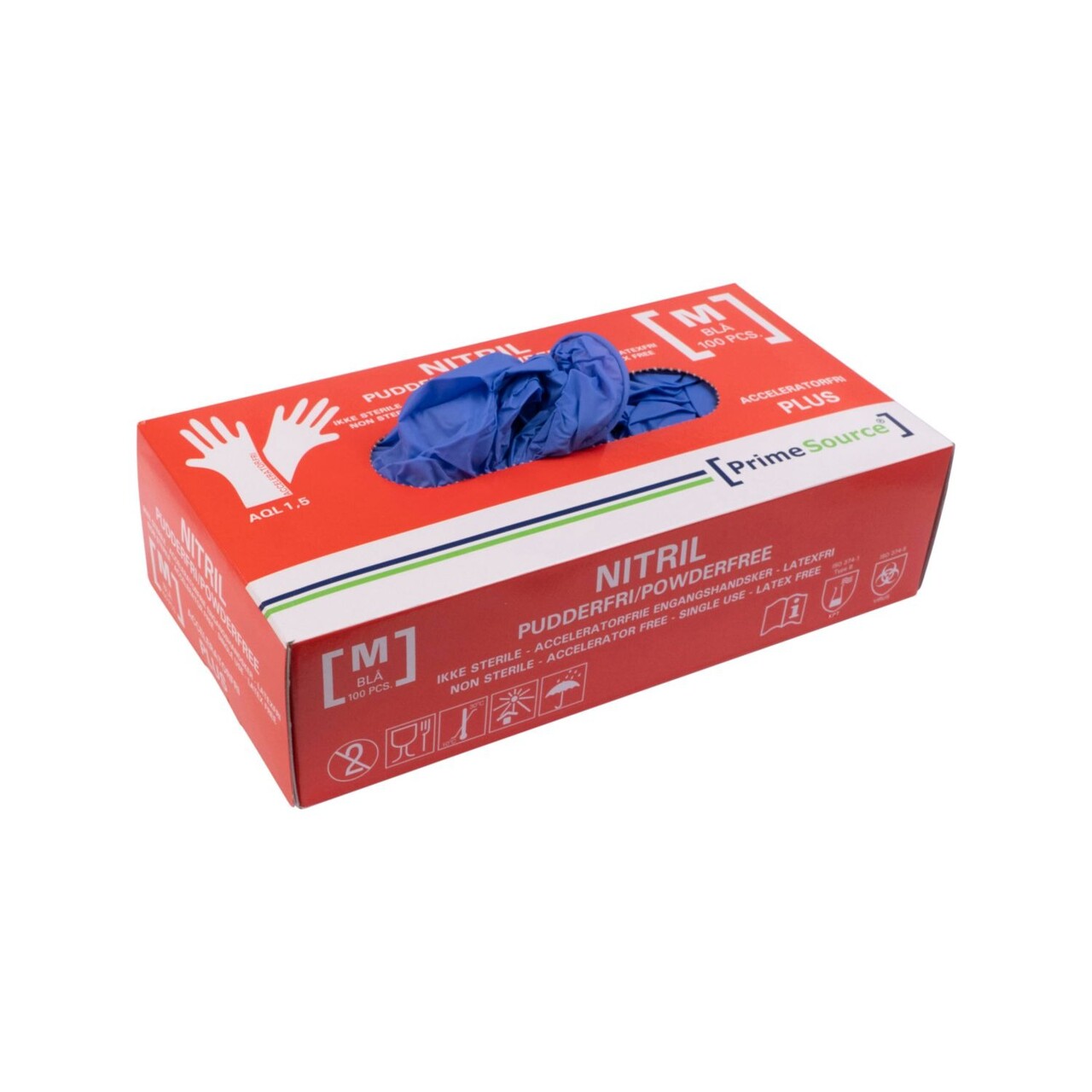 Handske Engangs Prime Source str M uden Pudder Acceleratorfri Blå AQL 1.5 - 10 pk x 100 stk/krt
