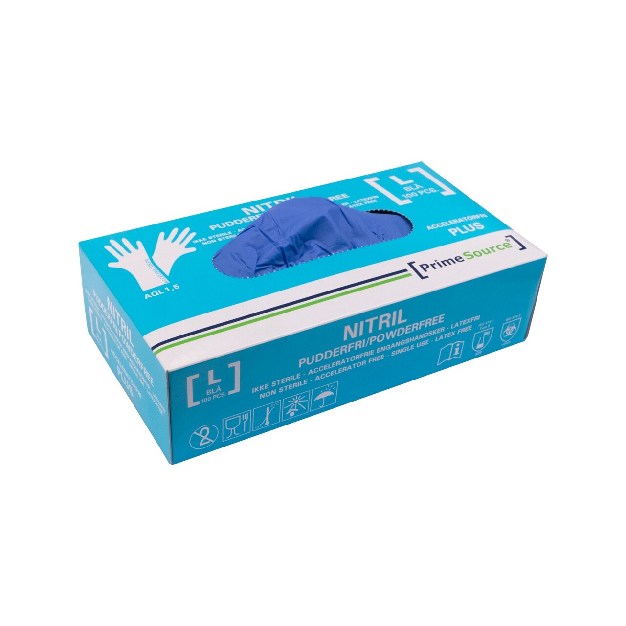 Handske Engangs Prime Source str L uden Pudder Acceleratorfri Blå AQL 1.5 - 10 pk x 100 stk/krt