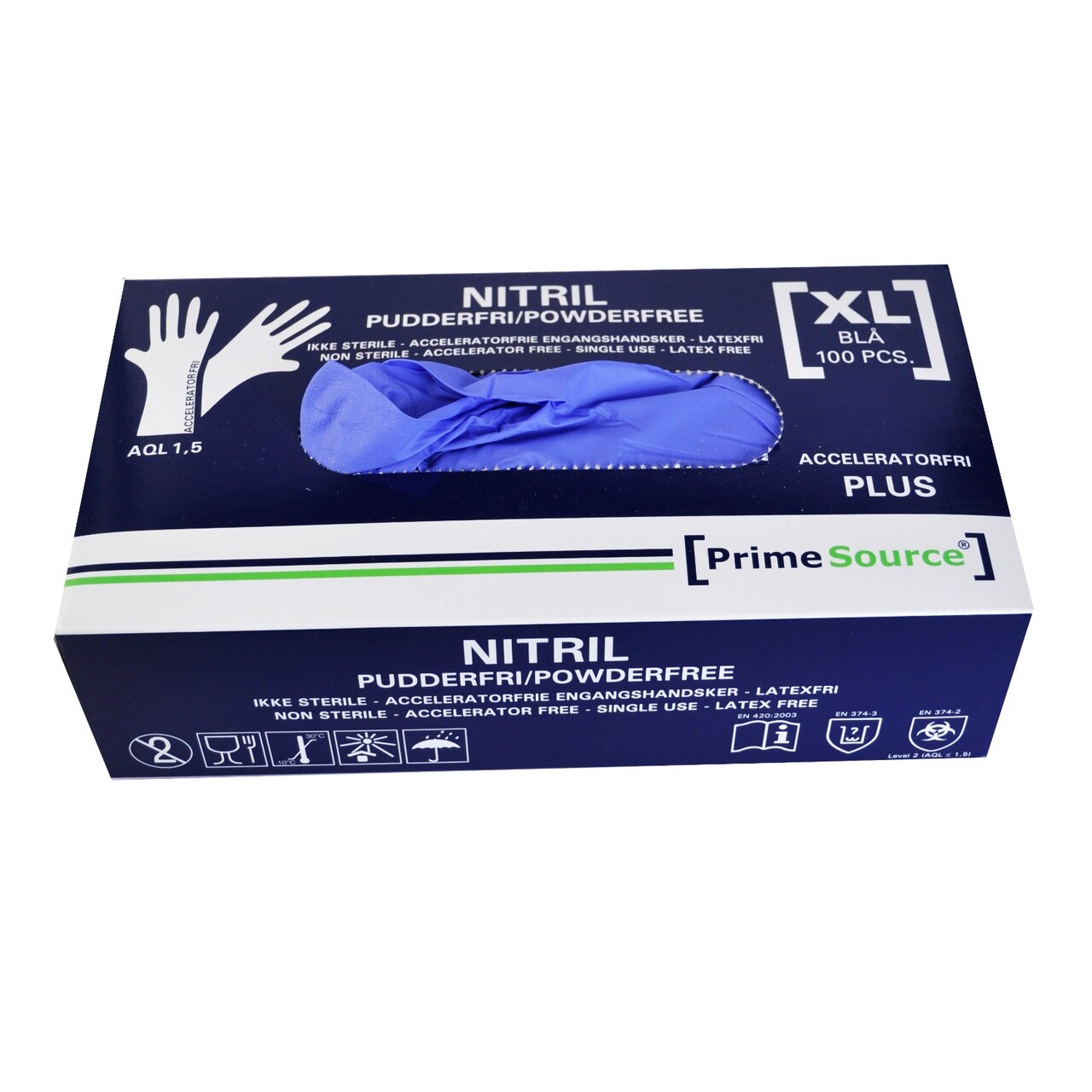 Handske Engangs Prime Source str XL u Pudder Acceleratorfri Blå AQL 1.5 - 10 pk x 100 stk/krt