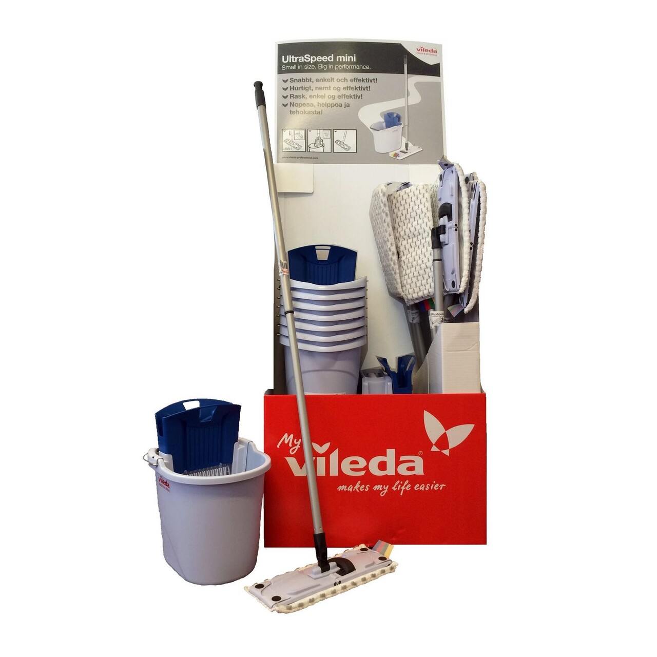 Moppesæt UltraSpeed Mini Display med Moppe 34cm/Fremfører/Skaft/Spand/Presse - 8 sæt/krt