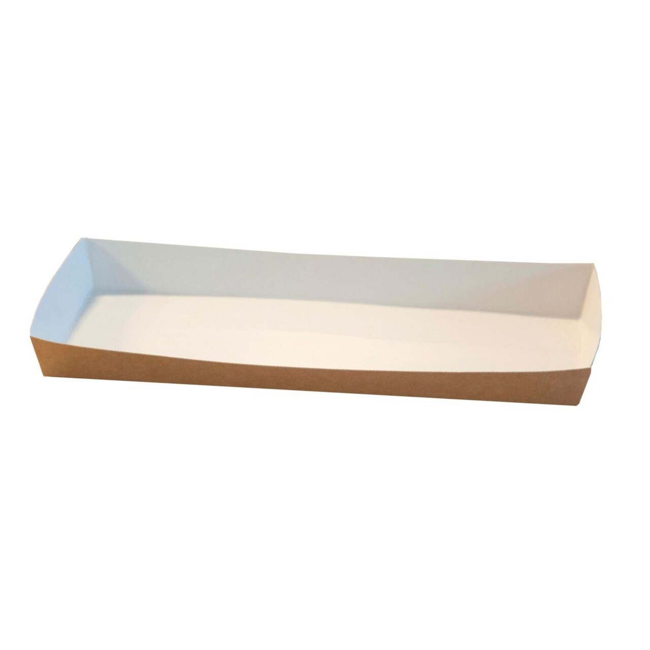 Pølsebakke L200xB90xH20mm pap med kant brun/hvid - 6 pk x 100 stk/krt