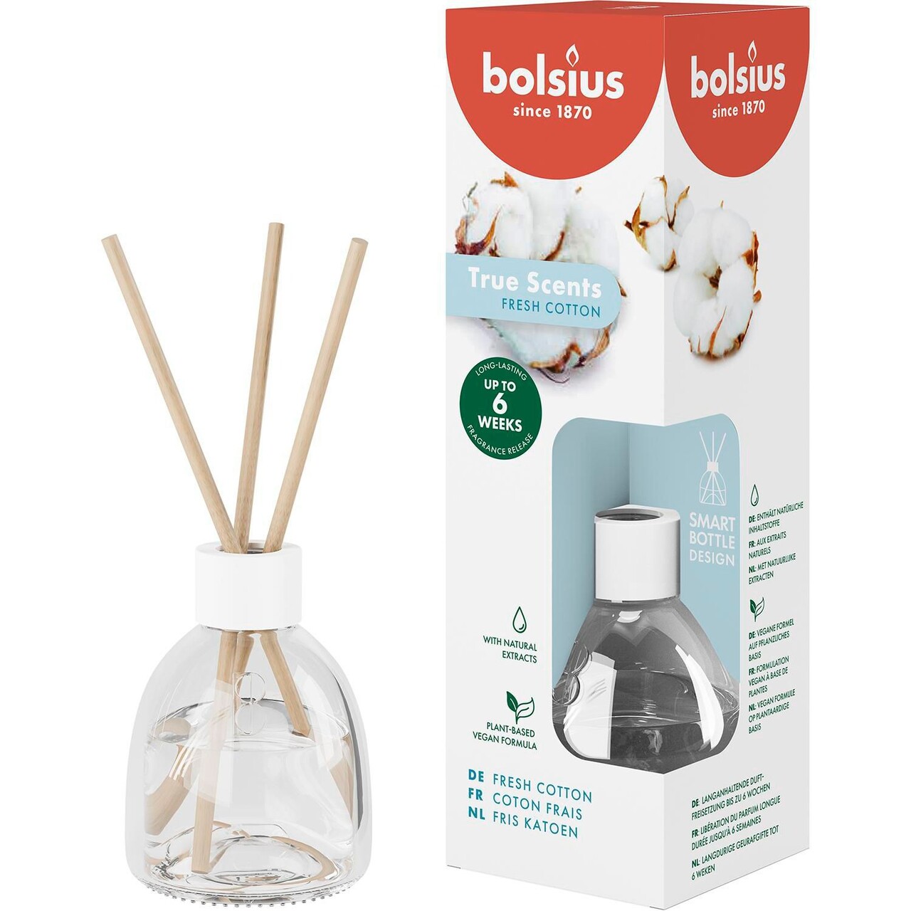 Diffuser Bolsius Frisk Bomuld 60ml med duftepinde - 6 stk/krt