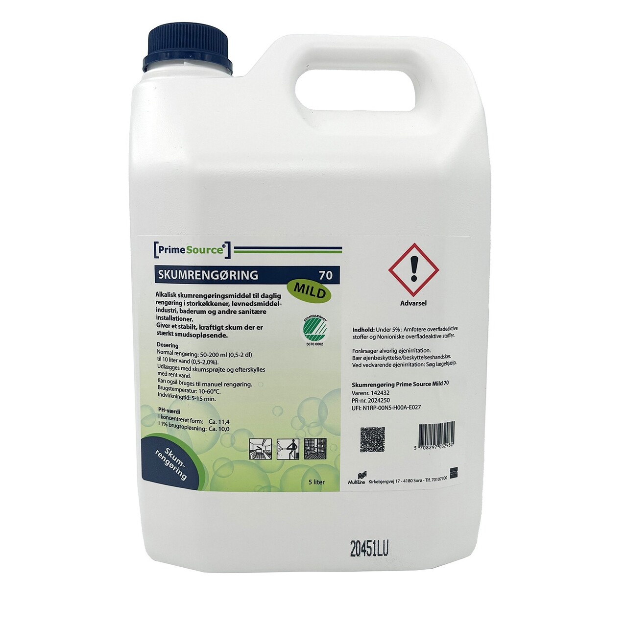Skumrengøring Alkalisk Prime Source Mild 70 5ltr uden Farve/Parfume - 3 dnk x 5 ltr/krt