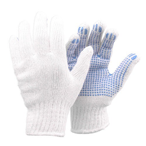 Handske Strikket BlueStar Basic Dot Str M (8) Bomuld/PVC med Dotter Hvid/Blå - 12 Par/pk