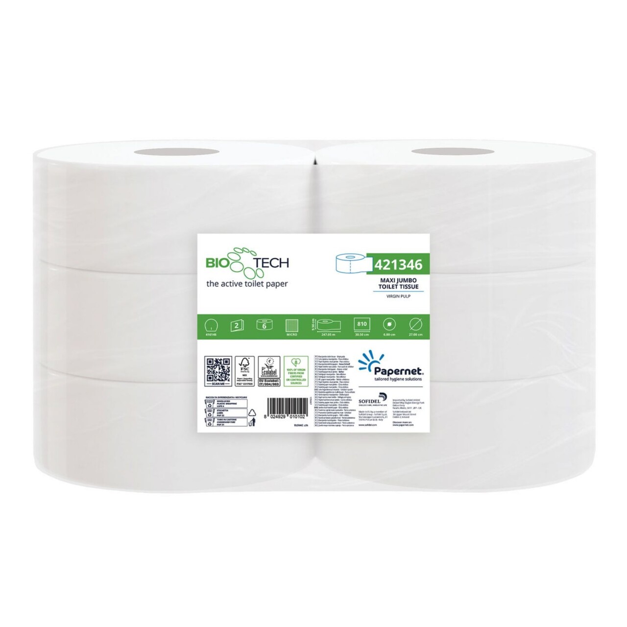 Toiletpapir Papernet Jumbo Maxi Biotech 2-lag Ø27cm L247mxB9.5cm Nyfiber Hvid - 6 rl/sæk
