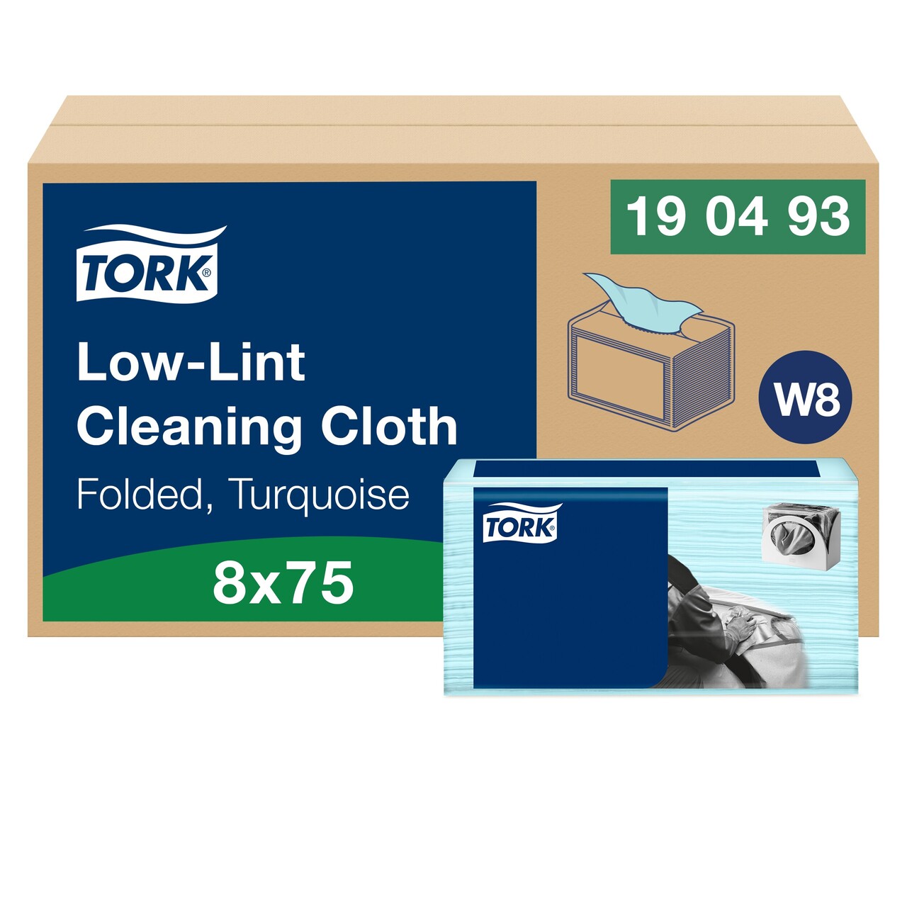 Industriaftørring Tork W8 190493 - 1-lags 38,5x30cm 19,3cm turkis - 75 stk pr pakke - 8 pakker