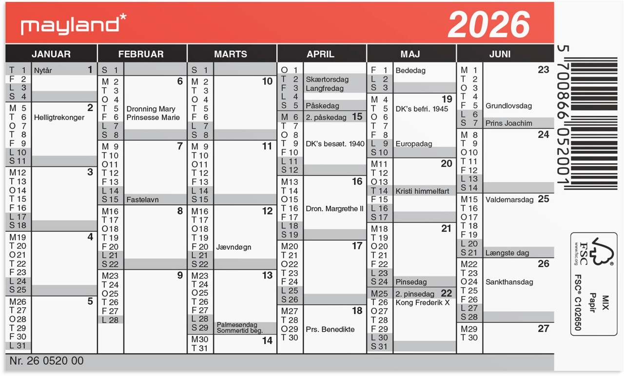 Månedskalender - Mini kalender - Væg - Orange - 7 x 11,8 x 0,1 cm - 2026 - 26052000