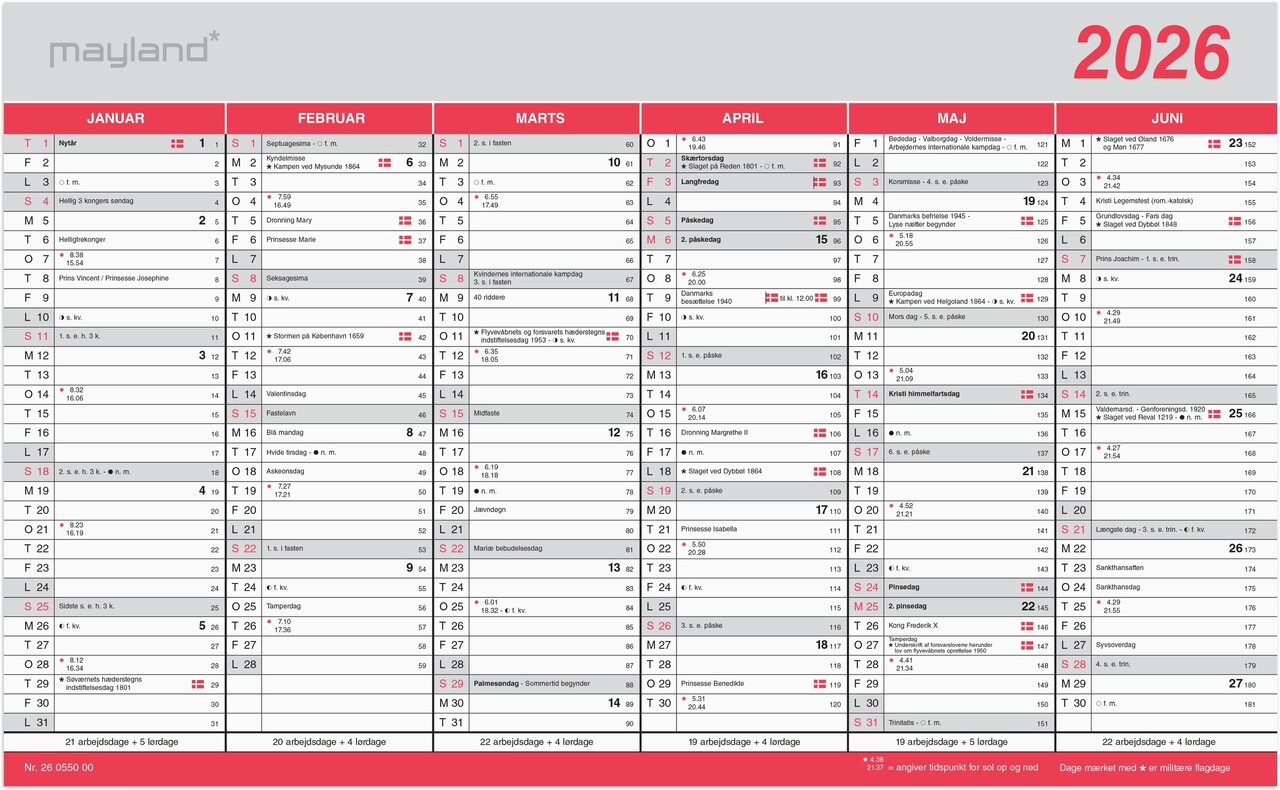 Kalender – Flagkalender 26055000 – 2x6 mdr. – Rød – 23,9x38,8 cm – 2026
