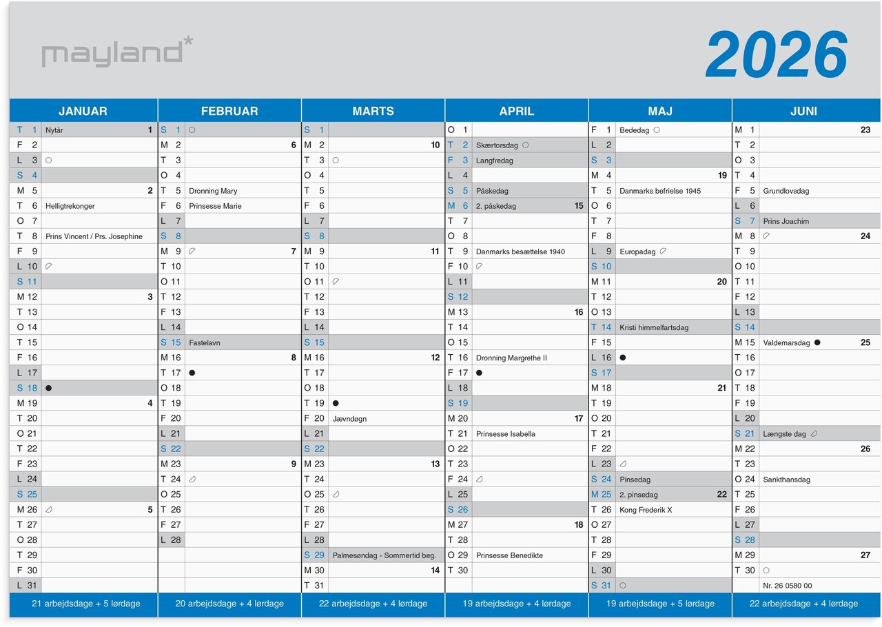 Kontorkalender - 2x6 mdr. - Blå - A5 - 2026 - 26058000