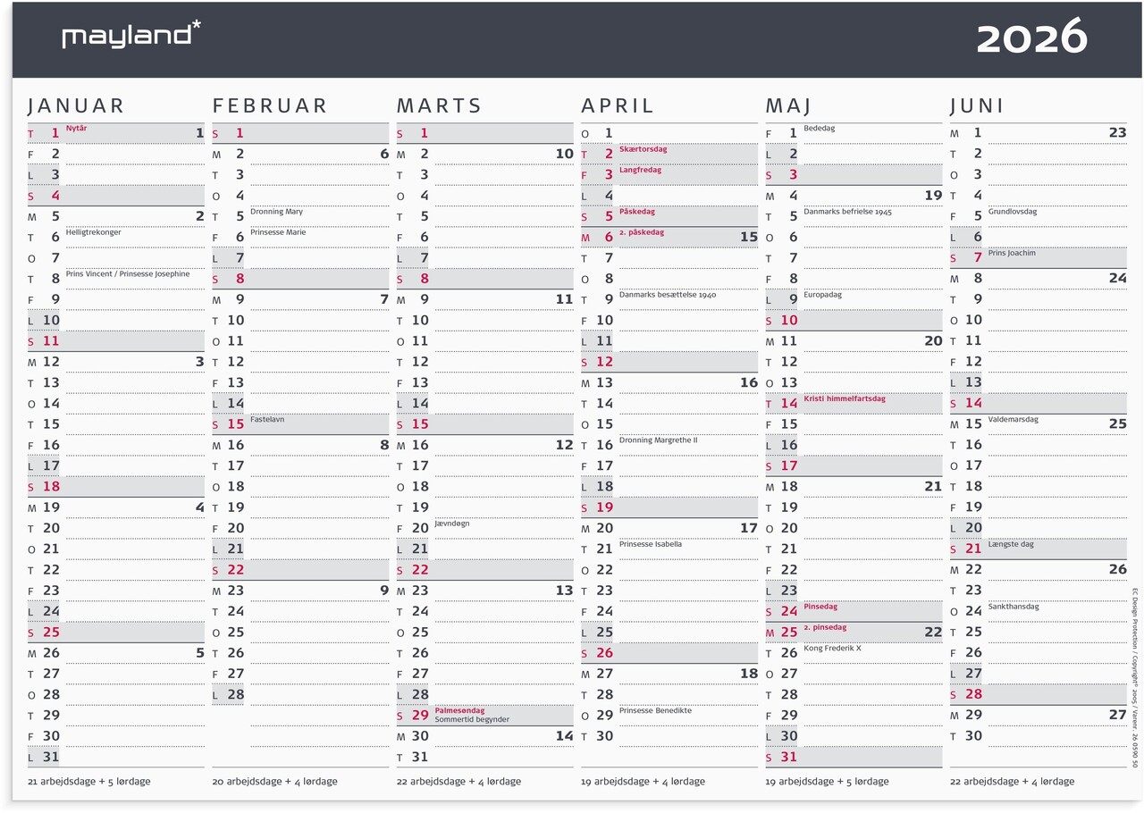 Kontorkalender - 2x6 mrd. - Grå- A4 - 2026 - 26059050