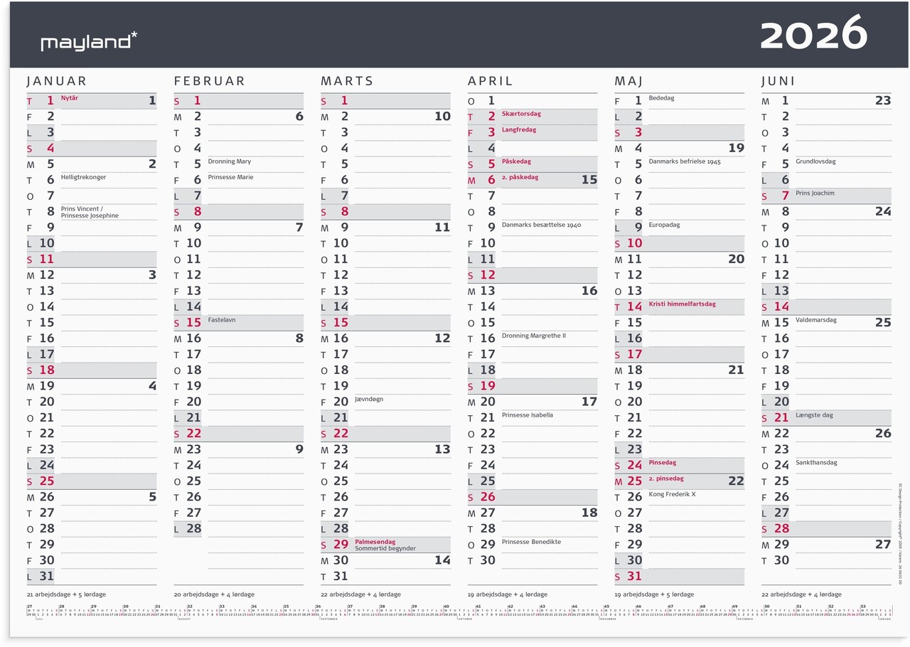 Kontorkalender - 2x6 mdr. - Grå - A3 - 2026 - 26063100