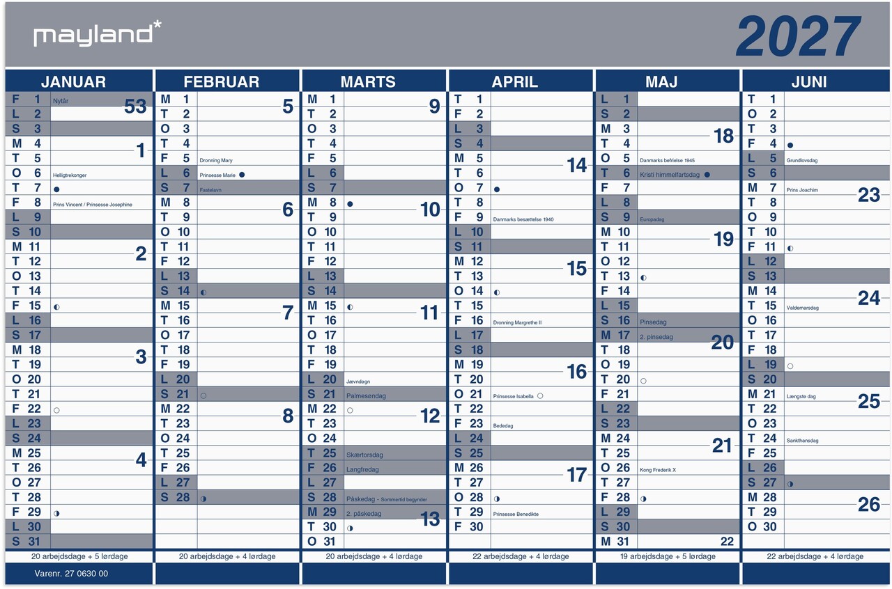 Halvårskalender - Væg - Blå - 29 x 43,9 x 0,2 cm - 2027 - 27063000