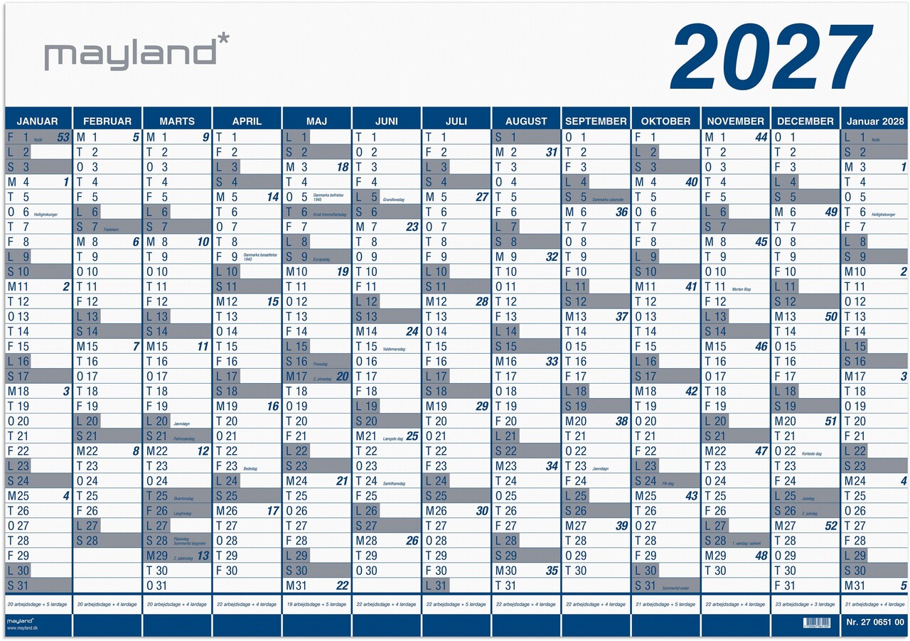 Kæmpekalender - Væg - 1x13 mdr. - PP-plast rør - Blå - 70x100 cm - 2027 - 27065000